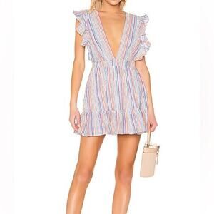 Majorelle Revolve Costello Mini Dress Rainbow Stripe Plunge V Neck Ruffle Sleeve